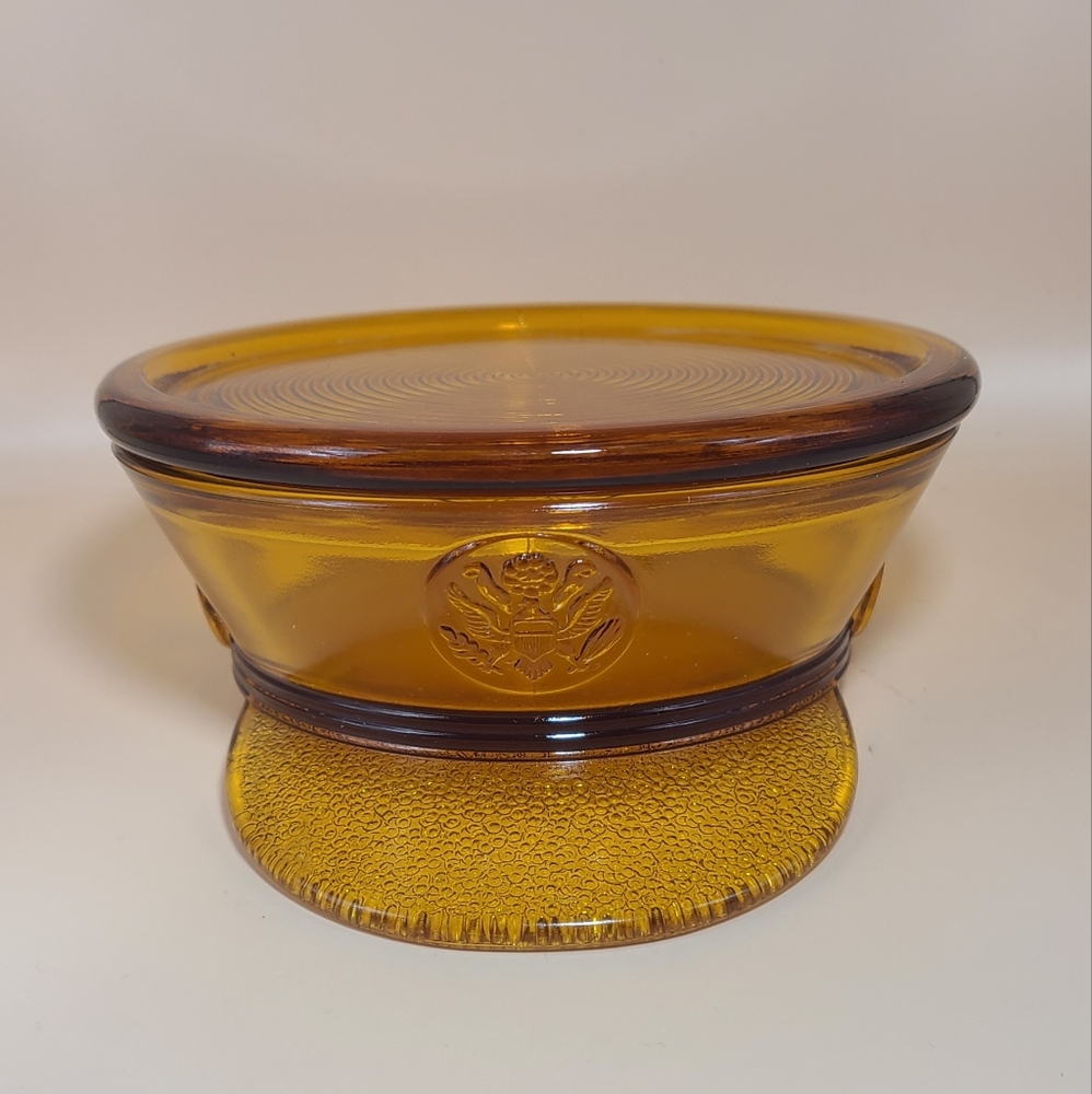 1930s Amber Glass Hat Trinket Dish Storage  candy Container & Lid